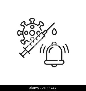 Coronavirus-Impfung, Spritze und kovidierte Bakterien isoliert dünne Linie Symbol. Vector Zeit zu impfen, Injektion und Klingeln Glocke, Immunisierung campai Stock Vektor