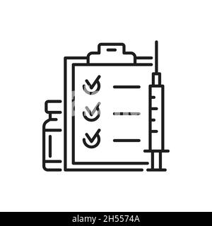 Kalender Zeitplan Coronavirus-Impfung, Spritze und Medikamente Flasche isoliert dünne Linie Symbol. Vector Gesundheitsschutz, medizinische Behandlung Liste. Ti Stock Vektor