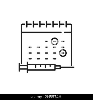 Impfplan für Coronavirus, Kalender mit zwei markierten Daten, isoliertes Symbol mit dünnen Linien. Vector Zeit zu impfen, Spritzeninjektion, Immunisierung. H Stock Vektor