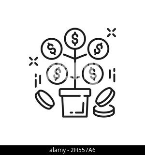 Geldbaum isoliert dünne Linie Symbol. Vektor finanzielle Investitionen und Einsparungen, Münzen Filialen, aufwachsen Finanzanlage mit Dollar-Zeichen. Pension und Stock Vektor