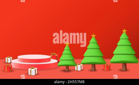 frohe weihnachten und glückliches neues Jahr Hintergrund mit weihnachtsbaum 3D, Geschenk-Boxen 3D und Podium 3D. weihnachten 3D Hintergrund mit Kopie Raum Bereich Stock Vektor