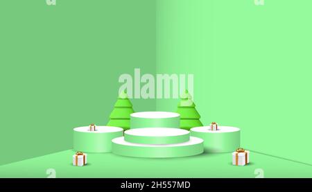 frohe Weihnachten und glückliches neues Jahr Hintergrund mit dem Podium, Weihnachtsbaum und Geschenk-Boxen 3D. Szene von Weihnachten für die Werbung Stock Vektor