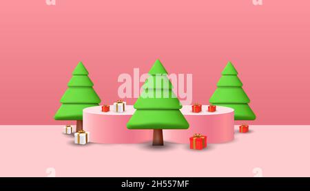 weihnachten und ein glückliches neues Jahr Hintergrund mit Pine Tree 3D, Podium 3D und Geschenk-Boxen 3D mit Kopiefläche Stock Vektor