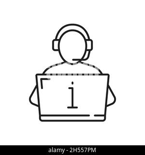 Unterstützung des Center-Bedieners in Kopfhörern, die auf dem Computer ein isoliertes, dünnes Symbol eingeben. Vector-Helpline-Mitarbeiter gibt Informationsanweisungen, Call Center Stock Vektor