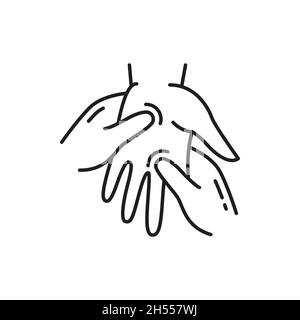 Handmassage, Arzt massiert menschliche Handfläche isoliert Umriss Symbol. Vektor-Arthritis, Reflexzonenmassage und rheumatoide, medizinische und osteopathische ther Stock Vektor