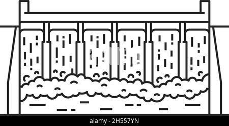 Wasserkraft Wasser Damm Energiequellen isoliert dünne Linie Symbol. Die Vektorbarriere stoppt oder schränkt den Fluss von Wasser oder unterirdischen Bächen ein. Bewässerung, consu Stock Vektor