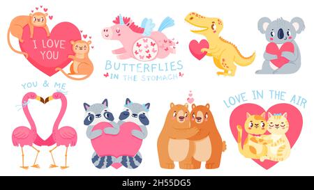 Valentinstag Tierpaare. Niedliches Einhorn mit Schmetterlingen, Katzen, Bären, Koala und Flamingo in der Liebe. Cartoon Tiere halten Herz Vektor eingestellt Stock Vektor