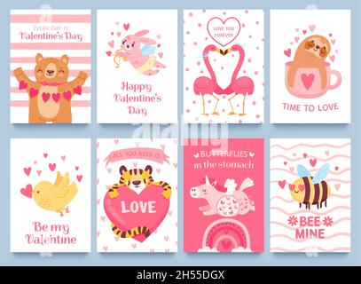 Valentinskarten mit niedlichen Tieren. Poster zum valentinstag mit Cartoon-Hase, Einhorn, Flamingo und Biene. Tiere mit Herz Vektor gesetzt Stock Vektor