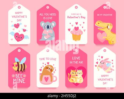 Valentinstag-Geschenkanhänger mit Tieren. Dinosaurier, Koala mit Herzen, Amor, Katzenpaar und Liebesbiene. Romantische valentinstag Tag Etiketten Vektor-Set Stock Vektor