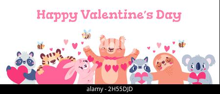 Valentinstag-Banner mit Tieren. Design mit niedlichem Bär, Panda, Koala, Bienen und Hase, die Herzen halten. Cartoon Liebe Urlaub Vektor-Poster Stock Vektor