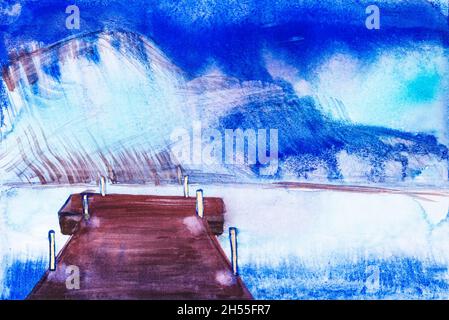 Alte hölzerne Pier am Bergsee in blauer Abenddämmerung - handbemalt mit nassbefüllten Aquarellen auf strukturiertem Aquarellpapier Stockfoto