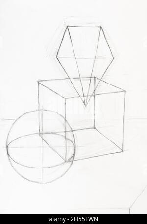 Skizze der Komposition mit Kugel, Würfel und Pyramide, von Hand mit Bleistift auf weißem Papier gezeichnet Stockfoto