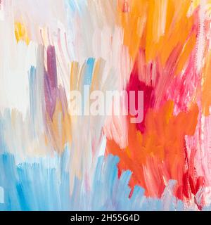 Abstrakte quadratische bunte Komposition von Pinselstrichen von Hand mit hellen Gouache-Farben auf weißem Papier gemalt Stockfoto