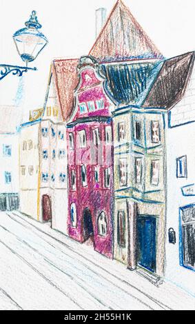Skizze von Fassaden alter Stadthäuser in Augsburg, in Deutschland, handgezeichnet mit Farbstiften auf strukturiertem weißem Papier Stockfoto