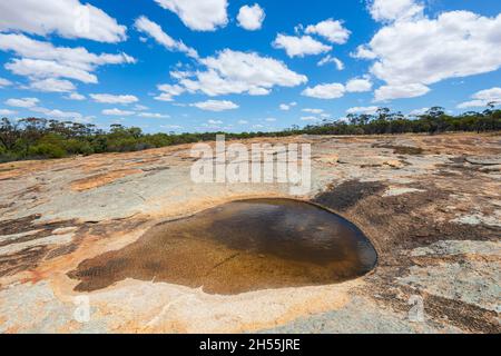 Panoramablick auf Totadgin Rock, einen Inselberg oder einen Inselberg, eine beliebte Touristenattraktion in der Nähe von Merrekin, Wheatbelt Region, Western Australia, WA, Stockfoto