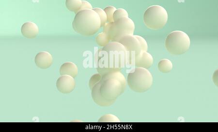 Weiche Metaballs Geburt und Fluss Unterboden Streuung Material geschmolzene Creme verschmelzen und fliegen auseinander Tropfen 3d Render Stockfoto