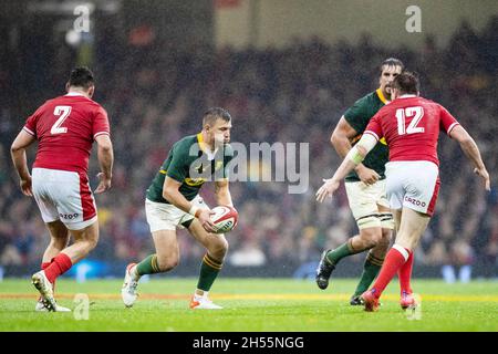 Handre Pollard aus Südafrika während der Herbst-Nations-Serie 2021, Rugby-Union-Testspiel zwischen Wales und Südafrika am 6. November 2021 im Fürstentum Stadium in Cardiff, Wales - Foto: Simon King/DPPI/LiveMedia Stockfoto