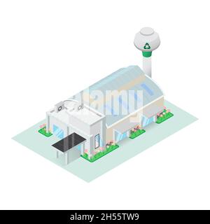 Isometrisches Recycling-Fabrikgebäude zur Herstellung von Industrieanlagen und Lagerhäusern. Infografik-Element, das auf weißem Bildschirm dargestellt wird Stock Vektor