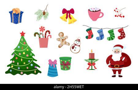 Weihnachts-Elemente-Set. Weihnachtsschmuck, Baum und Weihnachtsmann isoliert auf weißem Hintergrund. Vector Flat Kollektion. Stock Vektor