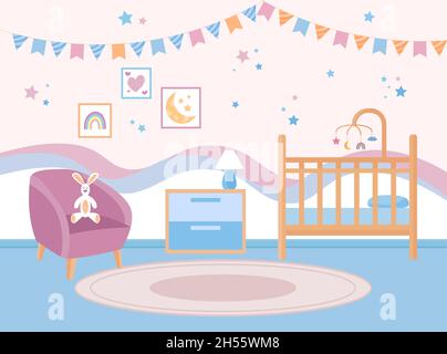 Babyschlafzimmer innen. Kinderzimmer. Leeres Kinderbett mit Karussell für Kinder. Dekorationen an der Wand und Kaninchenspielzeug. Vektorgrafik flach. Stock Vektor