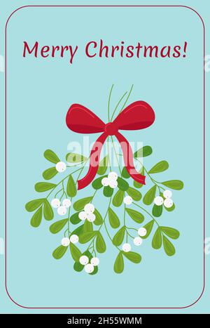 Frohe Weihnachten vintage Grußkarte. Mistelzweig weiß mit Schleife isoliert. Vektorgrafik. Stock Vektor