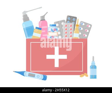 Medizinische erste-Hilfe-Ausrüstung. Medikamente Pillen, Kapseln, Sprays, Flaschen in der Box. Produkte der Hausapotheke isoliert. Vektorgrafik. Stock Vektor