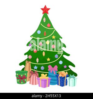 Weihnachtsbaum mit Geschenken isoliert dekoriert. Symbol für Winterferien. Vektorgrafik flach. Stock Vektor