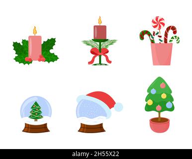 Weihnachtliche Einrichtung. Kerzen, Schneebälle, Weihnachtsbaum im Topf, Süßigkeiten isoliert. Vector Design-Kollektion. Stock Vektor