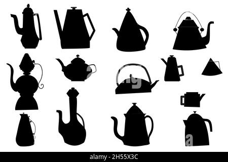 Set von Teekannen in schwarzer Farbe. Silhouette. Stock Vektor