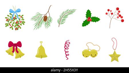 Weihnachtsschmuck Set. Blumenschmuck Vektor-Kollektion. Glockengeläute, Stechpalme, Tannenzweige. Stock Vektor