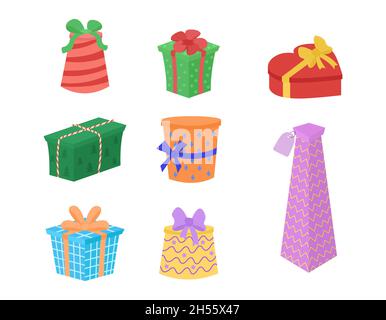 Geschenkkartons Vektor-Set. Sammlung von Geschenken isoliert. Geschenkbox in Form Zylinder, Würfel, Herz, hoher Behälter. Flacher Cartoon-Stil. Stock Vektor