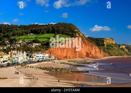 Sidmouth ist ein beliebter viktorianischen Badeort an der Jurassic Coast von aufragenden flankiert, aber instabil, roten Sandsteinfelsen, Devon, England, Großbritannien Stockfoto