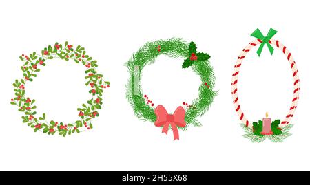 Weihnachts-Vignette-Set. Blumen Kreis und ovale Dekorationen Vektor-Kollektion. Mistelzweige, Tannenzweige, Stechpalme. Stock Vektor