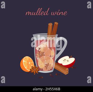 Glühwein isoliert auf dunklem Hintergrund. Glaskrug mit heißem Wintergetränk. Zutaten Rotwein, Zimt, Anise, Orange, Nelke und Apfel. Vektor-il Stock Vektor