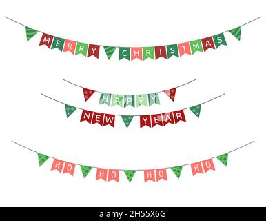 Weihnachtsflaggen Girlanden. Vektor-Set von Neujahr dreieckigen Urlaub Bichtungen. Text Frohe Weihnachten, Frohes Neues Jahr und Ho ho von Santa. Dekorationen kol Stock Vektor