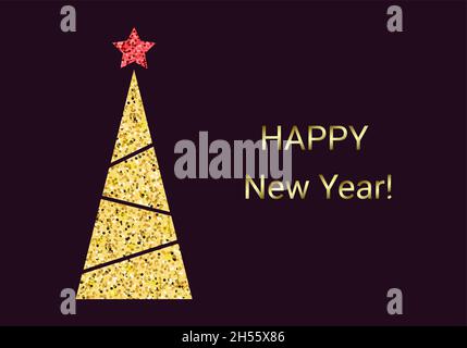 Weihnachtsbaum leuchtet. Glückliches neues Jahr goldenen Text. Glitzereffekt. Vektor-Grußkarte. Stock Vektor