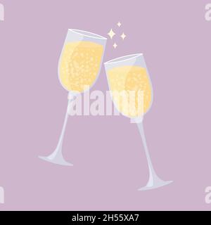 Zwei Gläser Champagner klinken. Sekt isoliert. Romantisches Datum oder Feiertagsfeier. Vektorgrafik. Stock Vektor