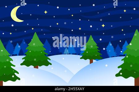 Nächtliche Winterlandschaft. Schneebedeckte Tannenwaldlandschaft. Wintersaison. Vektorgrafik. Stock Vektor