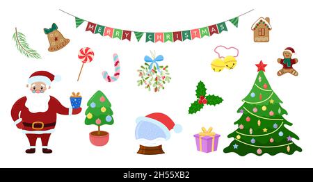 Weihnachtsset. Weihnachtsdekorationen, Ornamente und Elemente auf weißem Hintergrund isoliert. Vector Flat Kollektion. Stock Vektor