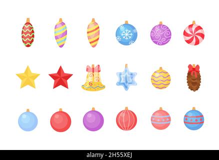 Dekorationen für Weihnachtsbaum. Vektorset. Kugeln, Zapfen, Sterne Dekorationen isolierte Design-Kollektion. Stock Vektor
