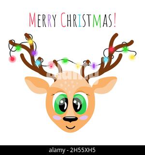 Weihnachtskarte. Niedliche Cartoon-Hirse mit leuchtenden bunten Girlande auf Hörnern isoliert. Vektorgrafik. Stock Vektor