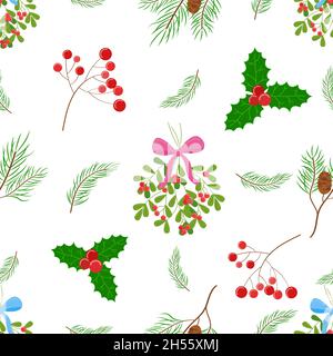 Weihnachtspflanzen Vektor-Muster. Florale Dekorelemente auf weißem Hintergrund. Nahtlose Urlaubskulisse mit Mistel, Tannenzweig, Stechpalme, Zweig mit ber Stock Vektor