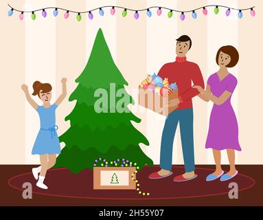 Familie schmückt Weihnachtsbaum zusammen. Mutter, Vater und Tochter werden sich auf die Feier von Weihnachten und Neujahr vorbereiten. Home Urlaub Co Stock Vektor