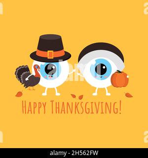 Thanksgiving Eyes Junge und Mädchen in Pilgerhut mit Kürbis und truthahn Stock Vektor