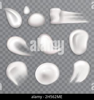 Set mit Cremetropfen, Vektor-Illustration mit weißem Flüssigkeitsspritzer. 3d realistische Beauty-Kosmetik-Lotion für Gesichtshaut, Hautgel oder Make-up-Flüssigkeit, cremige Joghurt Produkttropfen auf transparentem Hintergrund Stock Vektor