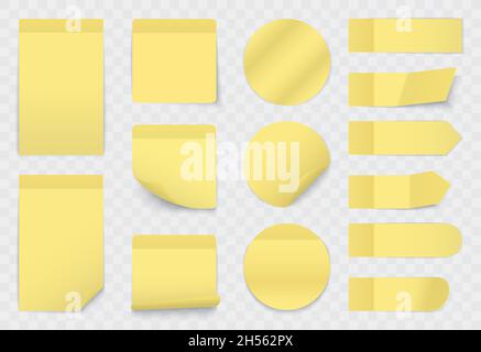 Gelbe Papier Haftnotizen, Aufkleber Set Vektor-Illustration. realistische 3d-Erinnerungsetiketten in verschiedenen Formen, um wichtige Informationen auf der Bürotafel zu erkennen, die auf transparentem Hintergrund isoliert ist Stock Vektor