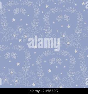 Nahtloses Vektor-Muster mit weißen Blüten auf blauem Hintergrund. Weihnachten Tapete Design mit Sternen. Sanfte Winterurlaub Mode Textil. Stock Vektor
