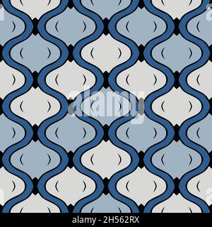 Nahtloses Vektor-Muster mit dekorativer Retro-Struktur auf blauem Hintergrund. Einfaches, gewelltes Netztapete-Design. Moderne Mosaik Mode Textil. Stock Vektor