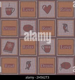 Nahtloses Vektormuster für entspannende Quadrate auf rosa Hintergrund. Einfaches, gemütliches Tapetendesign mit einer Tasse Kaffee. Winterkomfort Mode Textil. Stock Vektor