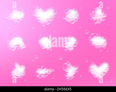 Seifenschaumstücke mit Blasen isoliert auf rosa Hintergrund. Blick von oben auf funkelnde Shampoo- und Badelatherwolken. Vektor. Stock Vektor